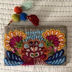 Noonday Collection Multicolor Embroidered Floral Clutch with Tassel Pom Poms